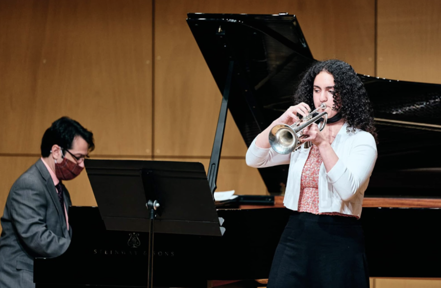 Performing to Mastery—Sophia Wotman performs a trumpet solo at Wynton Marsalis Masterclass.
