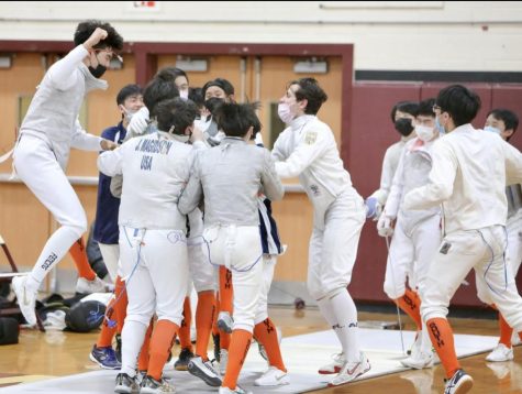 Great Neck South fencers celebrate after winning the Long Island Championship.