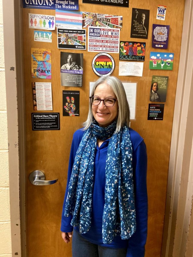 Ms.+Greenberg+standing+outside+of+her+office+in+the+guidance+hall.