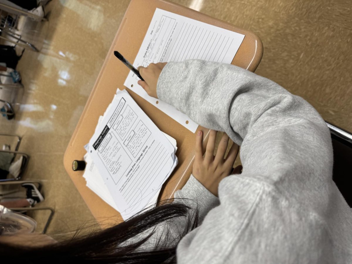 A Rare Occurrence: Paper?! — In Ms. Hastings’s AP English Language class you can only hear the pens scribbling and paper rustling. Students like Olivia Gu take out packets, their focus solely on the lesson. 
